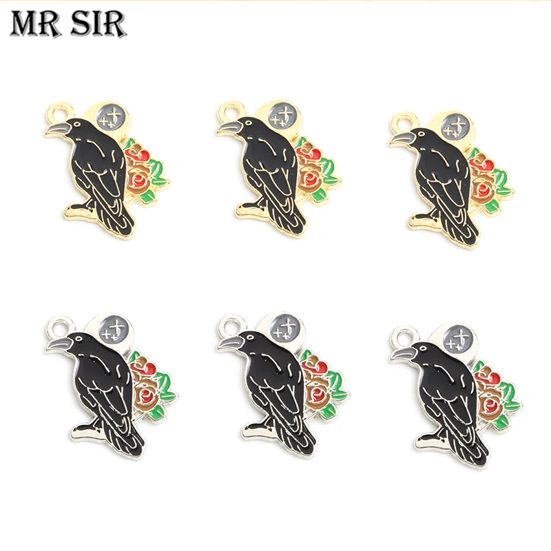 10 шт. эмалированные Подвески в виде черной вороны готический ворон цветок