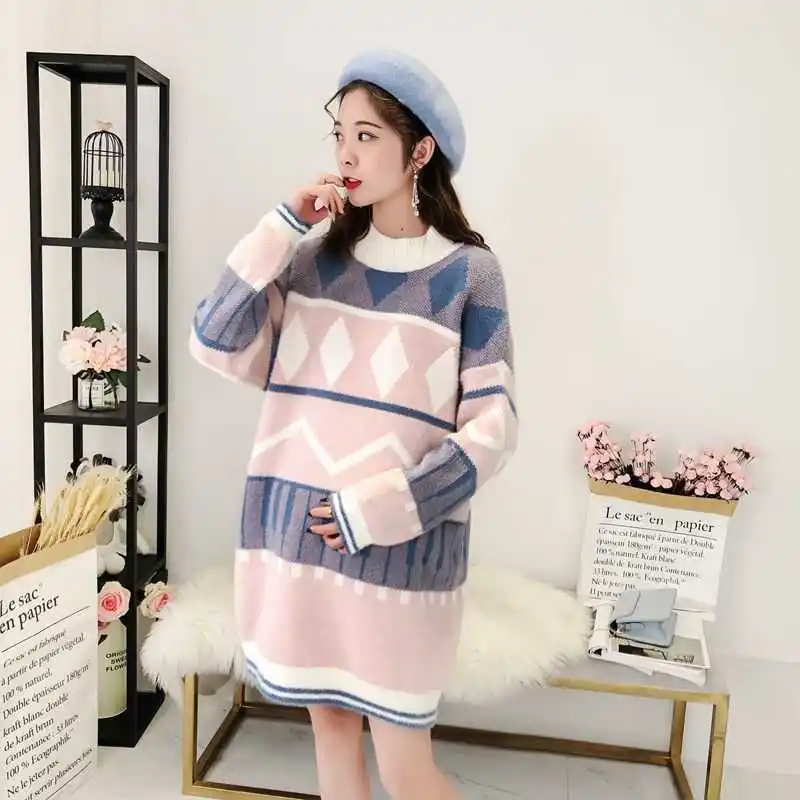 

Maternity sweater winter outer wear medium long loose thick top White