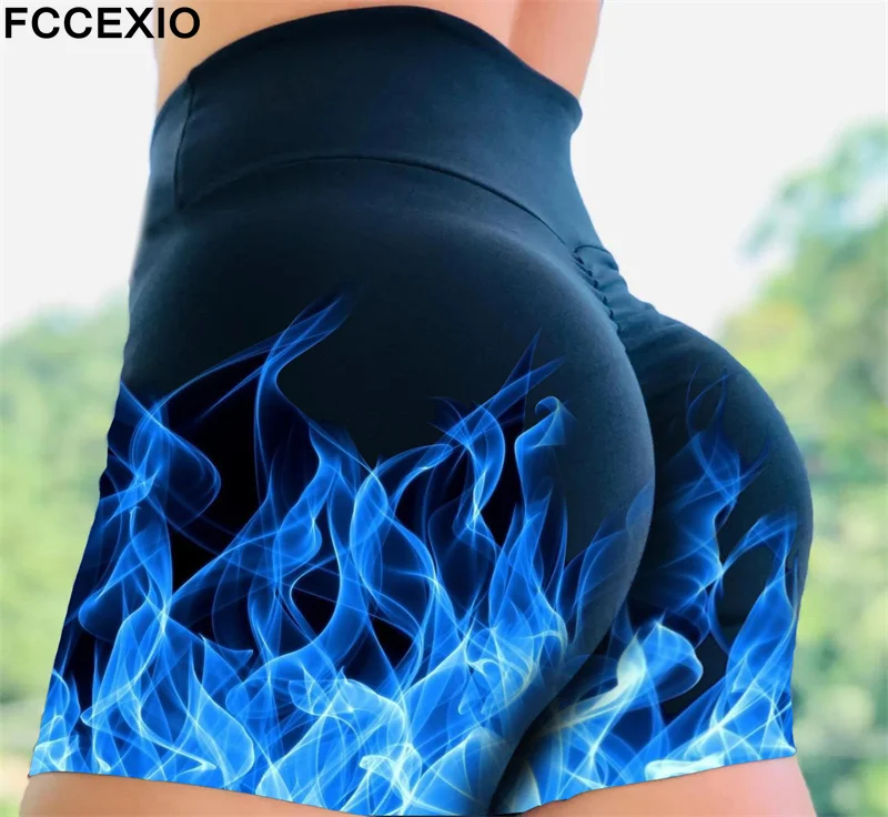 بنطلون رياضي ضيق من FCCEXIO مطبوع عليه لهب أزرق سروال ضيق مرتفع الخصر لممارسة الرياضة للنساء واللياقة البدنية
