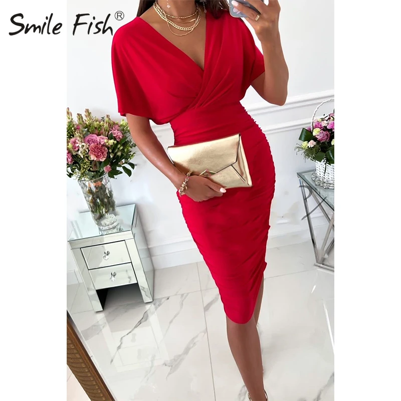 

Sexy Work Deep V-Neck Slim Lady Dress Clubwear Bodycon Knee-length Dresses for Women Casual 2022 Summer Woman Dress Robe G1087