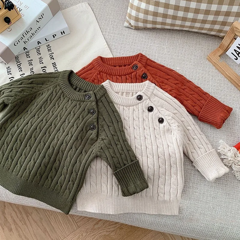 

Простой свитер для девочек; Модные однотонные вязаные топы с открытыми плечами для мальчиков; Теплый свободный джемпер с узором «Твист»