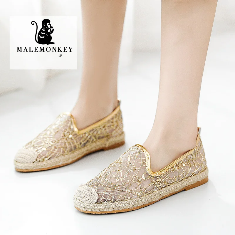 

2022 Summer Ladies Fisherman Shoes Classic Retro Fashion Mesh Breathable Sequins Woven Toe Cap Party Fashion Women's Flat Shoes