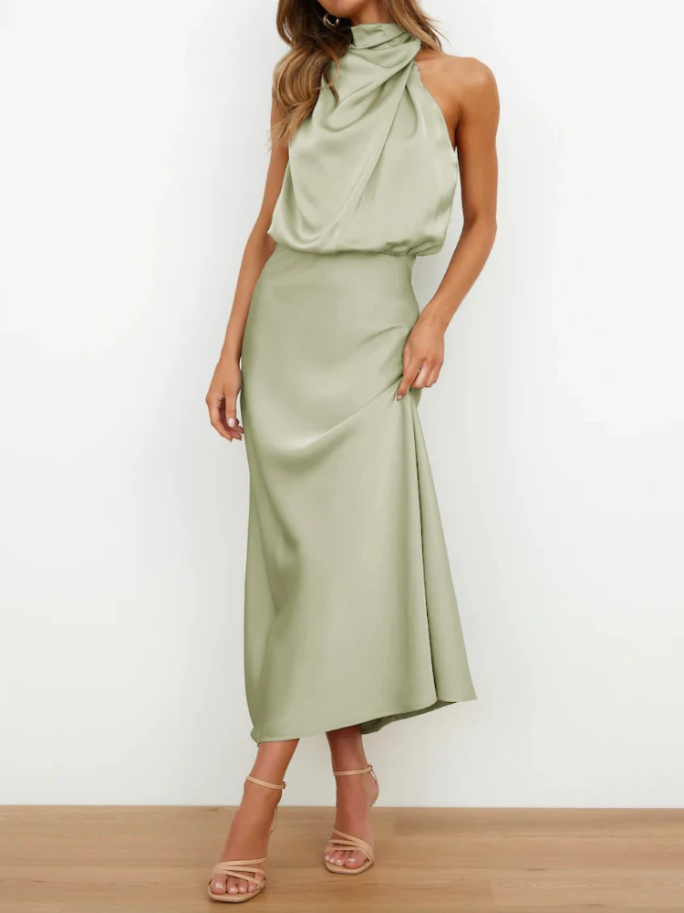 

Women's Dress 2023 Explosive Celebrity Wedding Bridesmaid Dress Midi Skirt Halter Neck Satin Evening Dress Solid Color Pullover