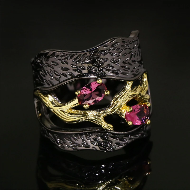 

Natural garnet red crystal ring electroplated black gold ring