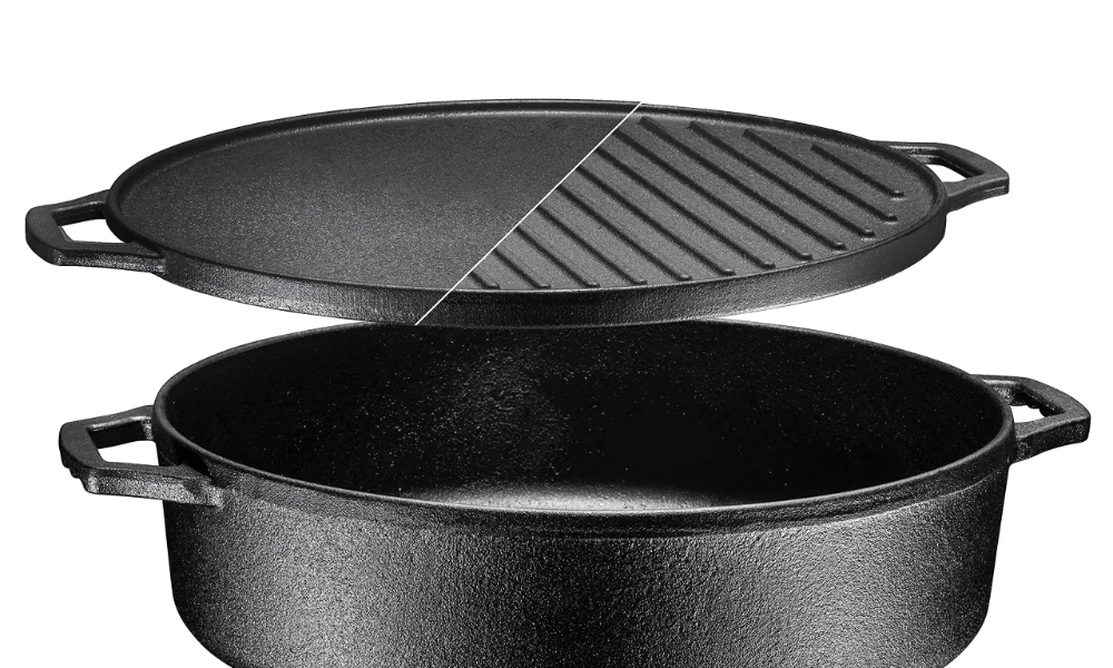 

3-In-1 Pre-Seasoned Cast Iron Round Deep Roasting Pan With Reversible Grill Griddle Lid, Non-Stick Open Fire Camping Kitchen Coo