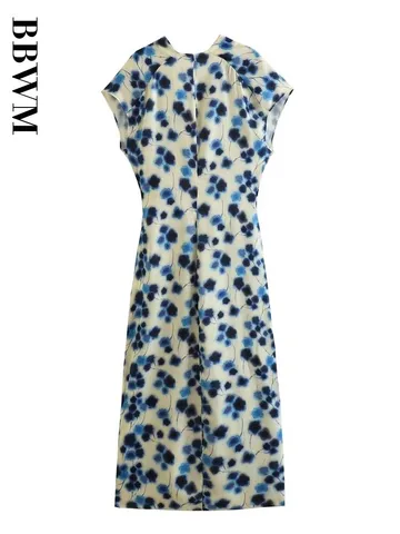 Women 2023 Summer New Fashion Wrap Towel Type Print Midi Dress V Neck Vintage Long Sleeve Female Chic Dresses robe Mujer