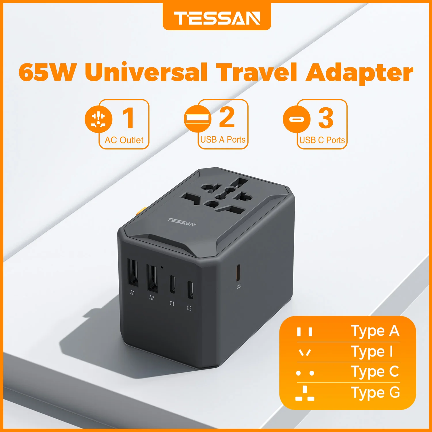 Фото Быстрое зарядное устройство TESSAN 65W 100W 140W PD, универсальный дорожный адаптер GaN с 5/4 USB-портами, международное зарядное устройство с быстрой зарядкой типа C №1