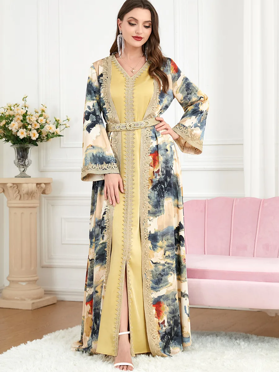 Moroccan Caftan Woman Jalabiya Abaya Muslim Dubai Ladies Luxury Clothing Prom Kaftans 2 Piece Suit Islamic Long Dresses 2023