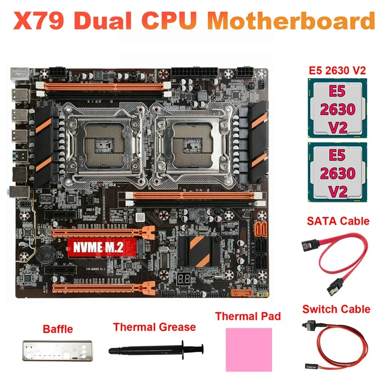 

Motherboard+2XE5 2630 V2 CPU+SATA Cable+Switch Cable+Baffle+Thermal Grease+Thermal Pad LGA2011 M.2 NVME X79 Motherboard