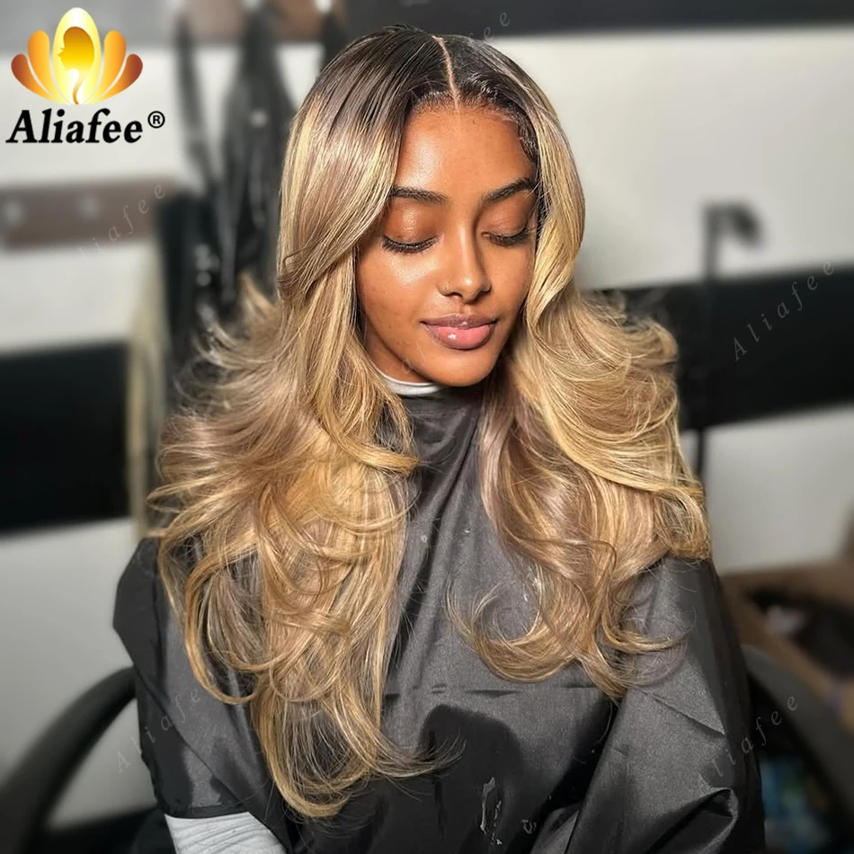 Фото Ombre 2 27 Dirty Blonde 13x6 Объемная волна Кружевные фронтальные парики Коричневые корни Ombre Blonde Предварительно выщипанные парики из 100% человеческих волос для женщин №4