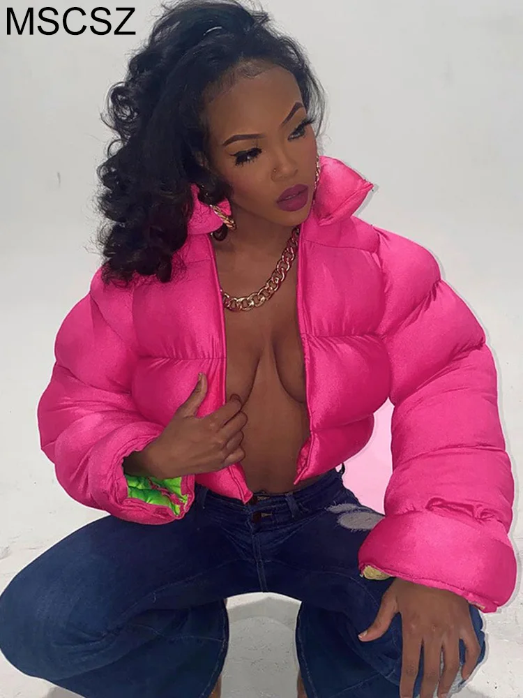 Winter Puffer Jacket Women 2022 Fashion Warm Parka Zip Up Cropped Quilted Jacket Coat Y2K Streetwear barbiecore