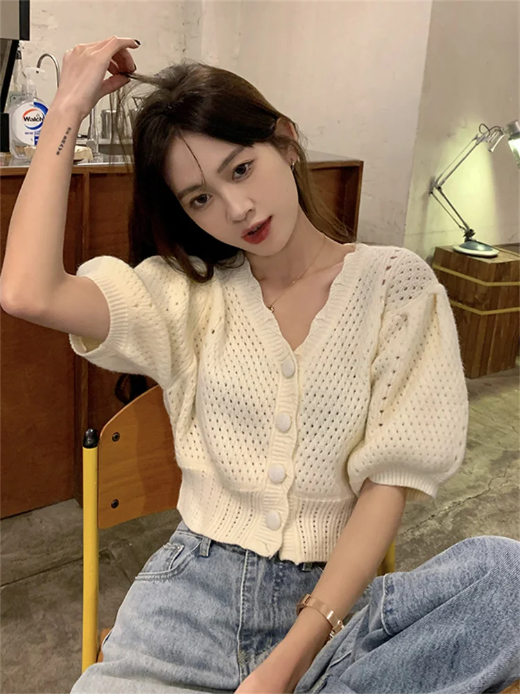 Женский трикотажный кардиган с рукавами-фонариками повседневный элегантный