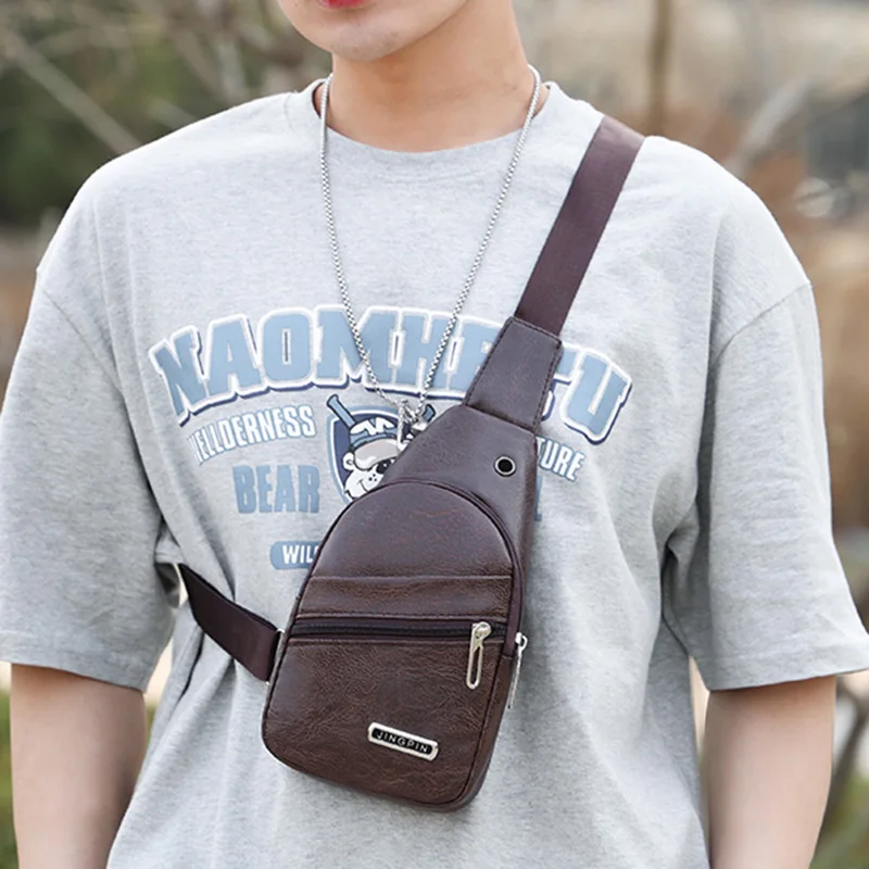 

Men Commercial Affairs Travel Chest Pack Solid Color PU Waterproof Men Chest Pack Adjustable Shoulder Strap Messenger Bag