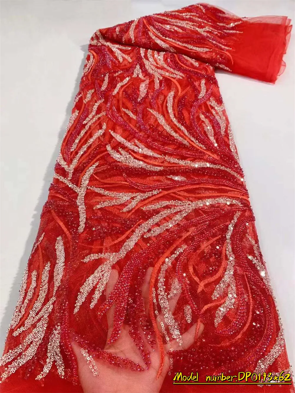 

2022 Red Latest Nigerian Lace Fabrics Fashion Women African Tull Lace Luxury Handmade Bead sequins Fabrics For Wedding 5Yards