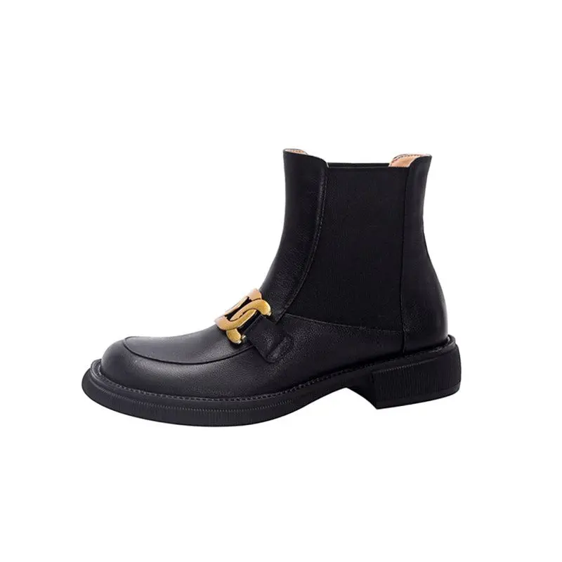 

Chelsea Short Boots Women's Shoes British Style Autumn and Winter Genuine Leather Round Toe Lace Up Thick Heel Metal Buckle