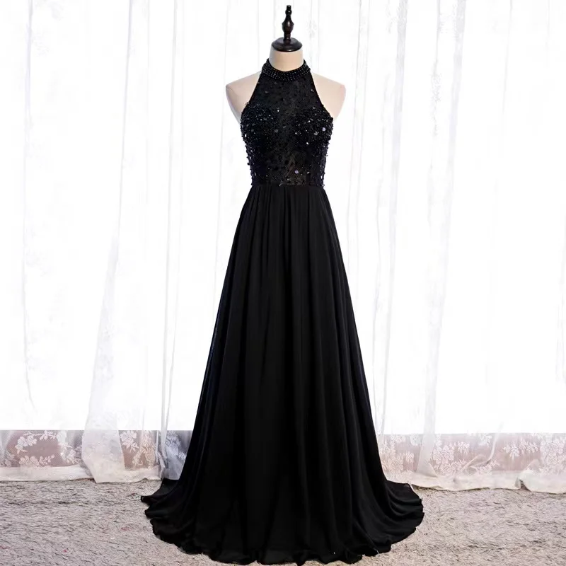 

Black Halter Evening Dresses A-Line Vintage Lace Beading Sequin Simple Elegant Wedding Banquet Guests Prom Gown Vestido De Noiva