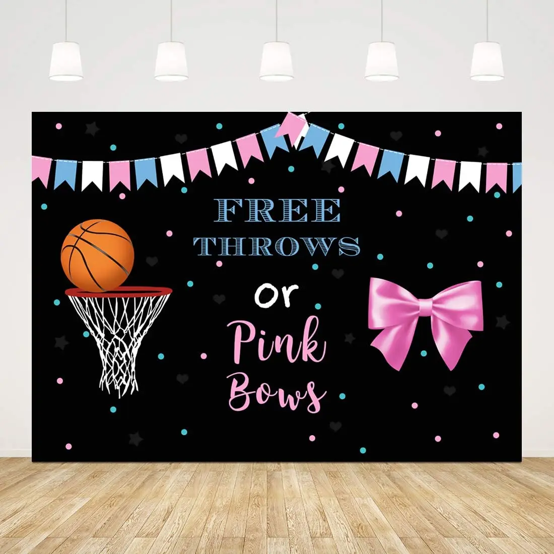 

Free Throws or Pink Bows Gender Reveal Baby Shower Backdrop Black Background Dots Basketball Girl or Boy Party Cake Table Banner