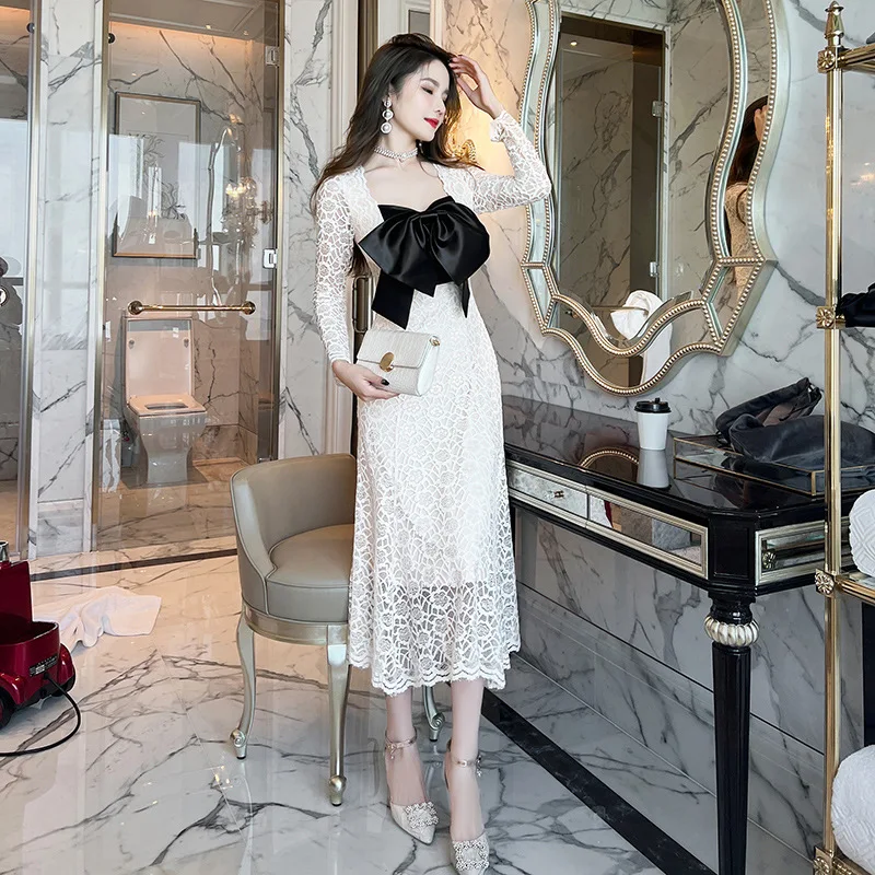 Женские платья элегантные кружевные милые ажурные женские с бантом одежда для