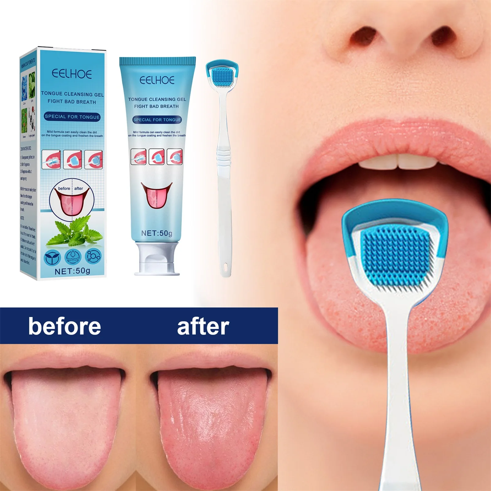 

Tongue Cleansing Gel with Silicone Tongue Scraper Brush Cleaning Set Tongue Cleaner Mint Freshen Breath Removing Tongue Coating