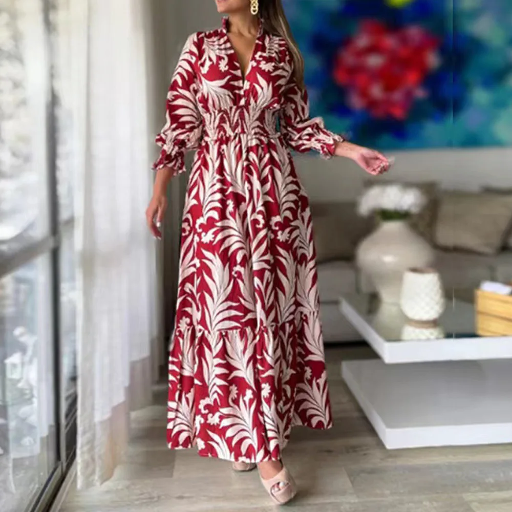 

2022 Autumn And Winter New Long Dress Pullover Bohemian Print Long-sleeved Swing Dress Women Vintage Printed V Neck Maxi Dresses