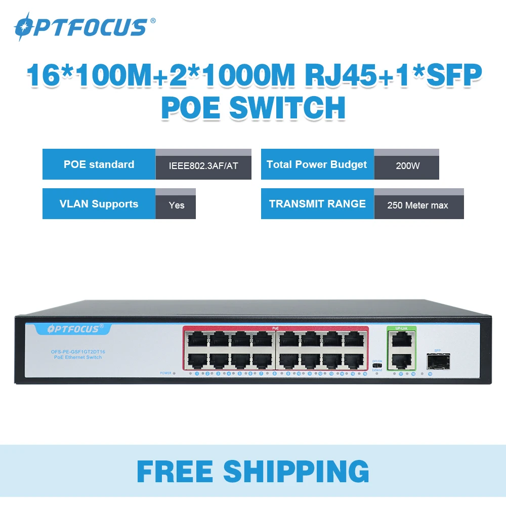 OPTFOCUS 200W 802.3AF AT 250meter Range Active Poe Switches 54 Volt 1000 Fiber Optic Rack PoE+ Gigabit 16 Portas PoE SFP Switch