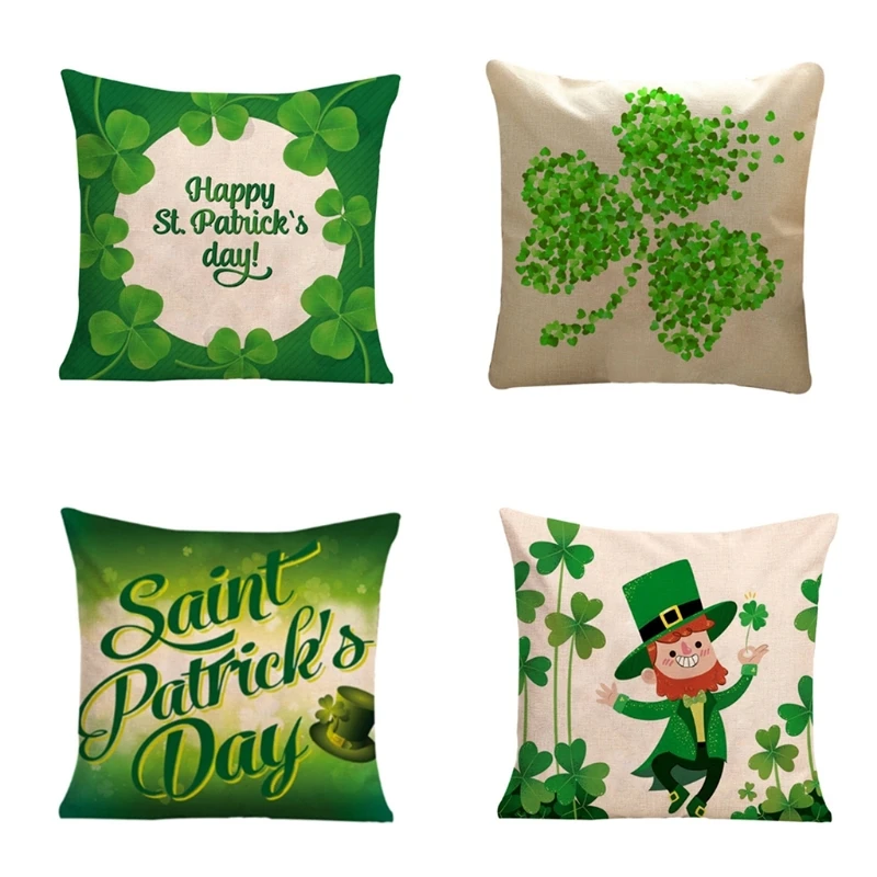 

New 4 Pcs 45x45cm Saint Patrick's Day Throw Pillow Case Sofa Bedroom Cushion Cover Home Clover Lucky Decorations Pillowcase