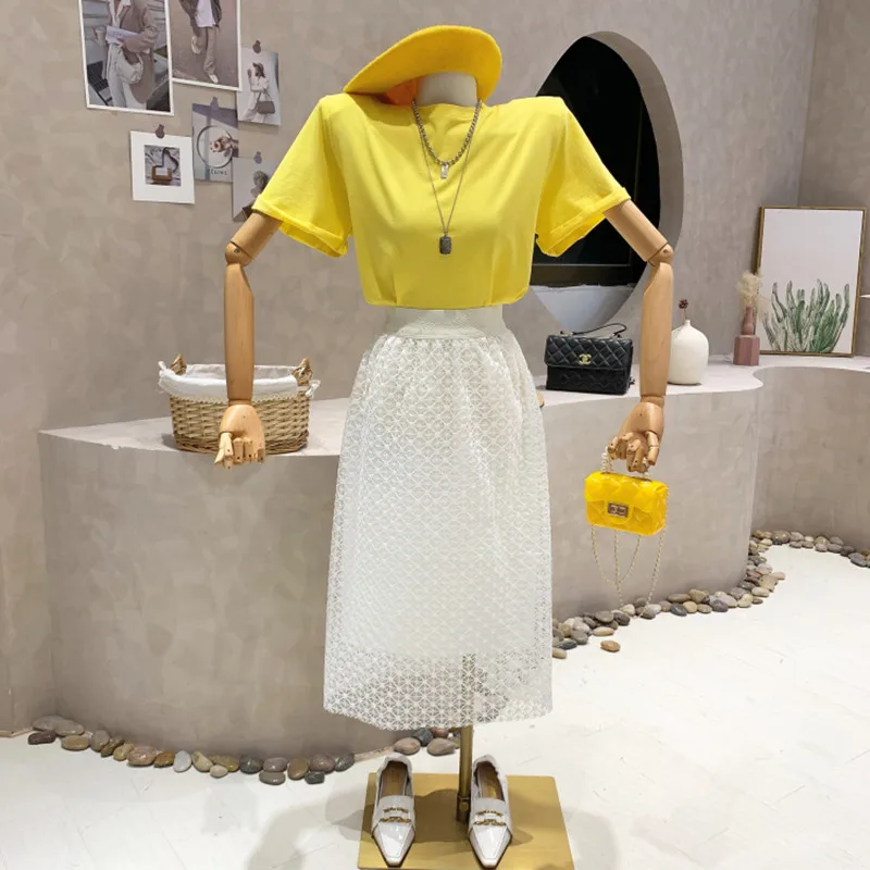 

New Women's Clothing 2022 Spring Short sleeved loose solid T-shirt Tops + medium length high waist mesh skirt two piece set