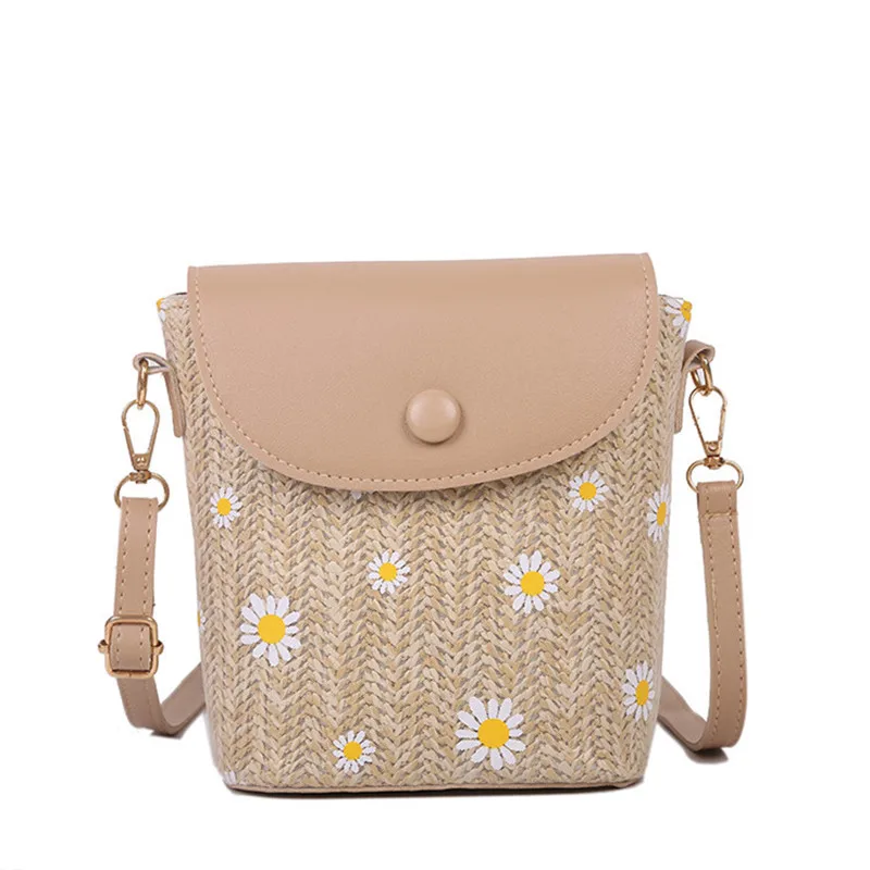 

Fashion Woven Shoulder Bags Straw Summer Women Weave Daisy Flower PU Leather Crossbody Beach Travel Messenger Bags n038