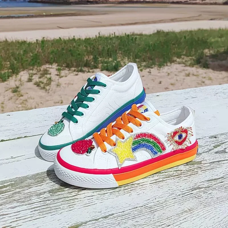 

Rhinestone beaded hand-made canvas shoes Spring and autumn lace-up low-top casual sports shoes for women 35-40