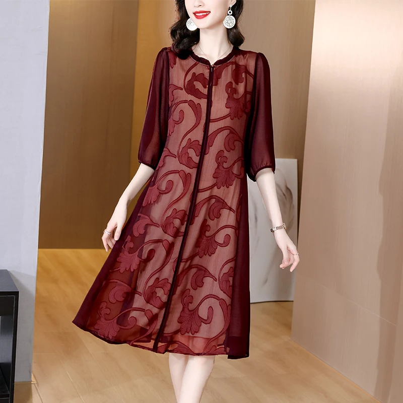 

Women Short Sleeve Embroidery Jacquard Midi Dress SpringSummer Fashion Casual Vestidos Korean Vintage Hepburn Party Evening Robe