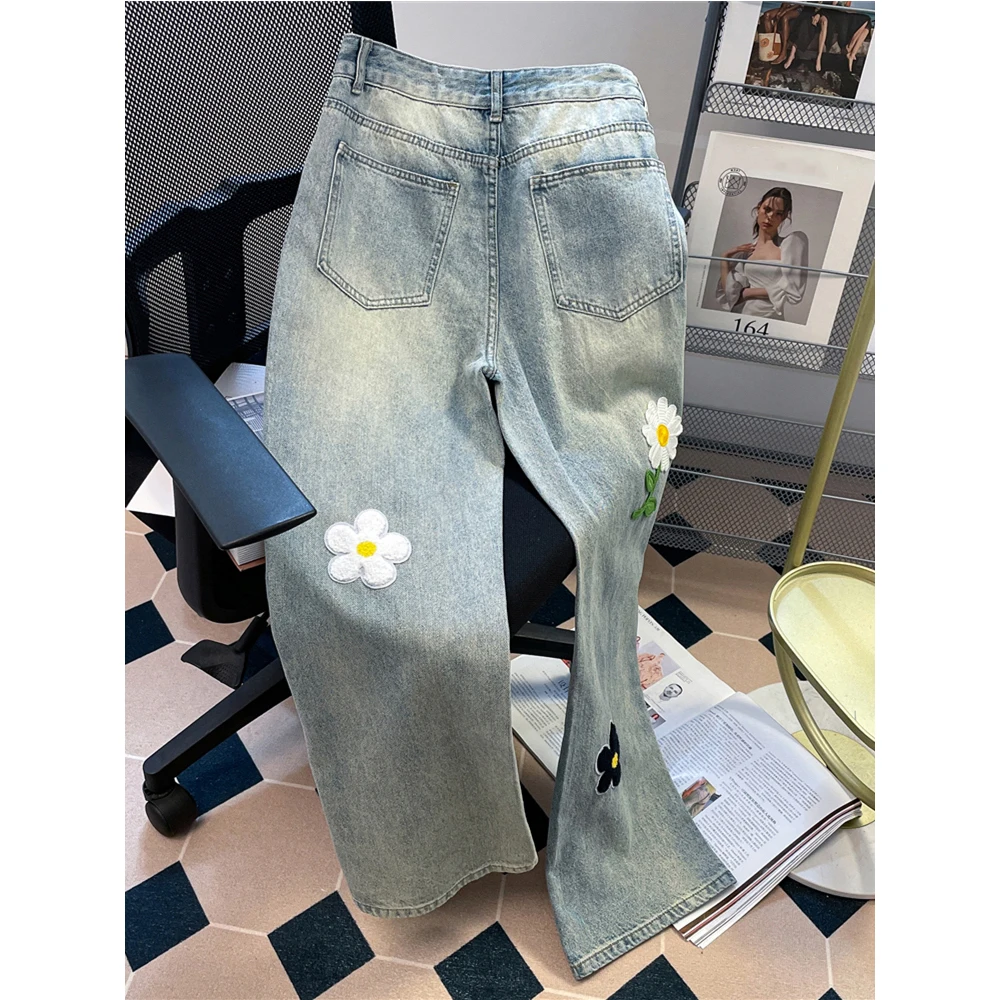 Женские широкие джинсы с цветочной аппликацией Vinatge прямые свободные джинсовые
