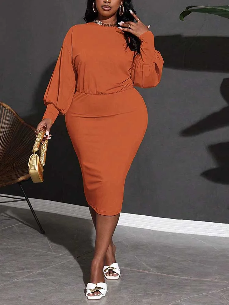 Женские платья больших размеров на осень и зиму однотонное оранжевое платье