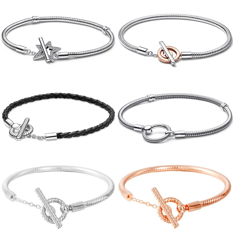 

Signature Two-tone Asymmetric Star Braided Leather T-bar Bracelet Bangle Fit Europe 925 Sterling Silver Bead Charm DIY Jewelry