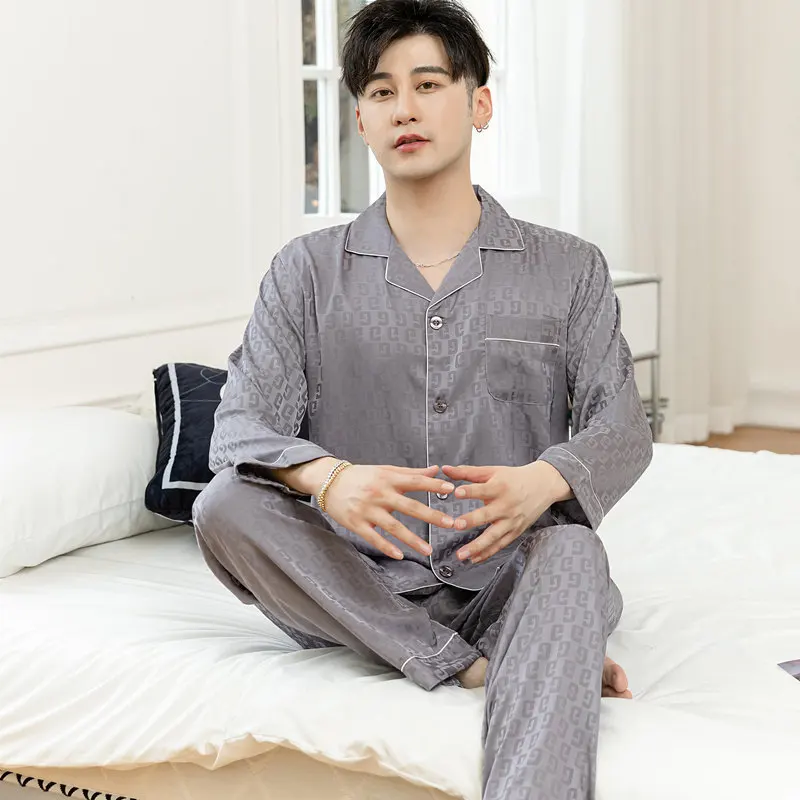 Autumn Sleepwear Men Pajamas Sets with Pants Solid Satin Turn-Down Collar 2 Pieces