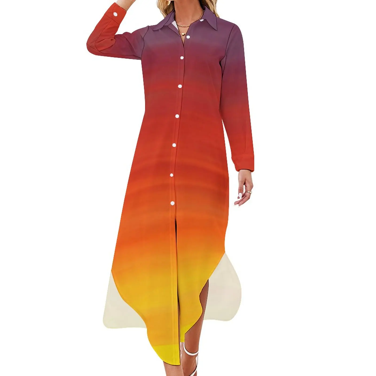 

Bright Sunset Casual Dress Red and Orange Sky Korean Fashion Dresses Long Sleeve Kawaii V Neck Graphic Big Size Chiffon Dress