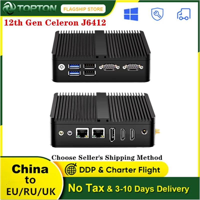 

Topton Intel 12th Gen Elkhart Lake J6412 Fanless Mini PC Dual Gigabit LAN 2x RS232 4xUSB Windows 11 Linux Industrial Computer