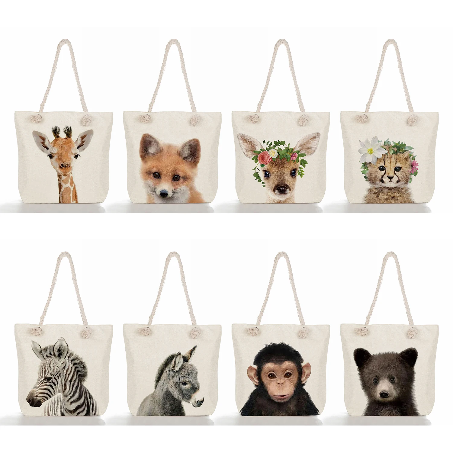 

Large Capacity Cute Animal Series Linen Casual Shopping Bag Portable Thick Rope Tote Panda Koala Elephant Print Women Handbag