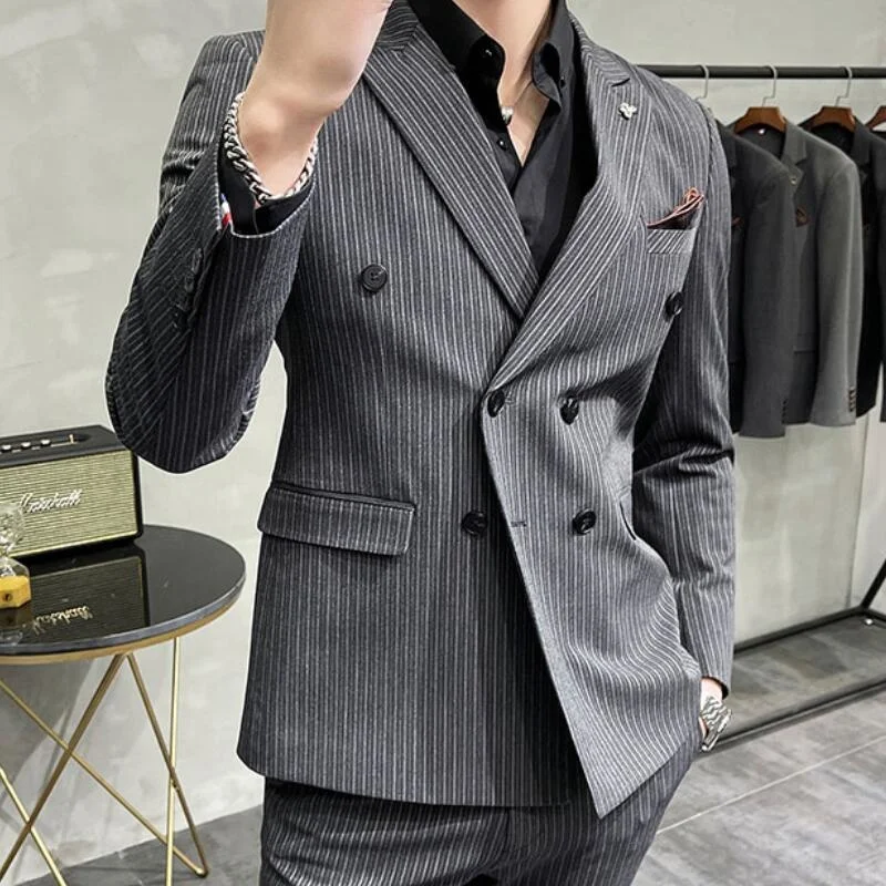 

[Jacket+Vest+Pants] Classic striped men's suit jacket suit men's slim tuxedo jacket pants formal dinner wedding groom