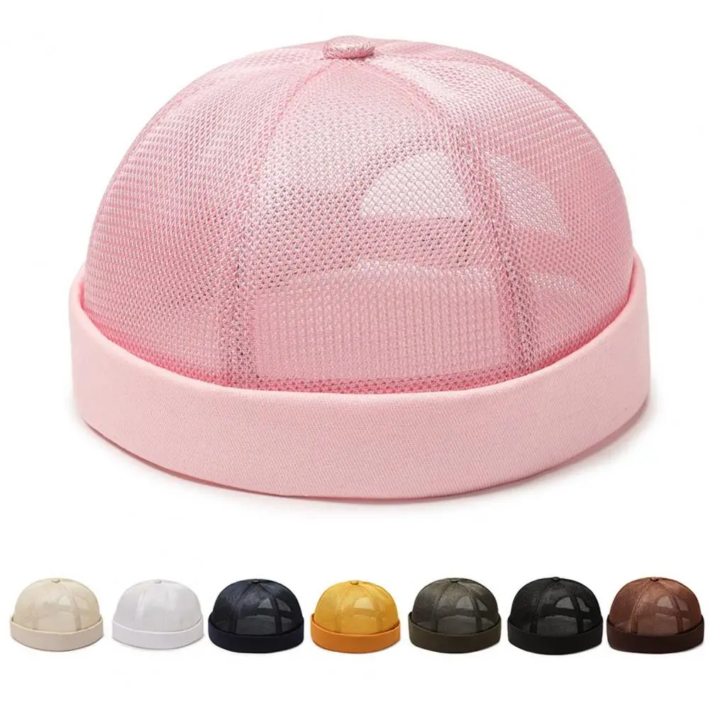 

Women Men Dome Hat Solid Color Hollow Out Mesh Docker Hat Breathable Brimless Lady Hat Solid Color Unisex Ponytail Hole Headwear