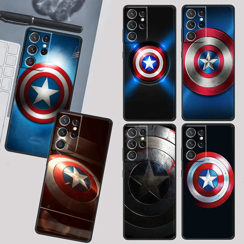 

Marvel Captain America Shield Case For Samsung Galaxy S22 S21 S20 Ultra Plus Pro S10 Note20 4G 5G TPU Soft Black Phone Cover