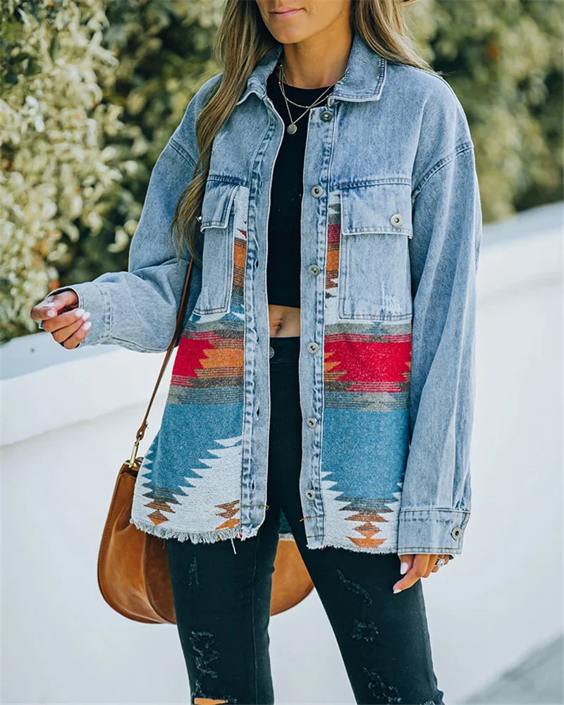 

2022 Jeans Casual Jackets Autumn Winter New Aztec Lapel Pocket Denim Coat Patchwork Long Sleeve Wool Women Retro Jacket