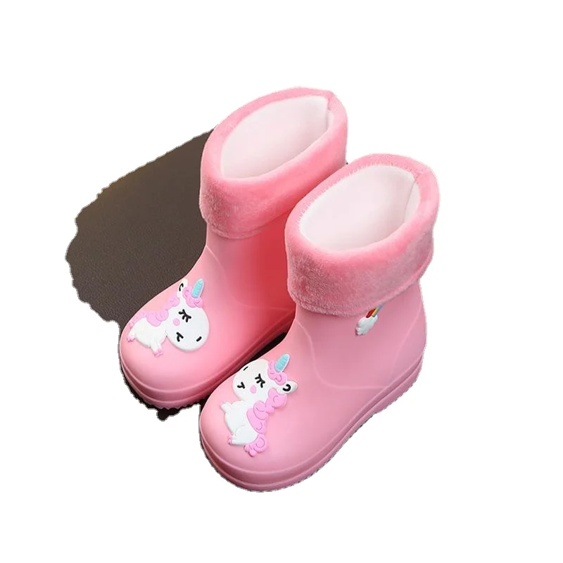 Boys Baby Girls PVC Warm Children Waterproof Shoes New Kids Rain Boots for Girls Rubber Rainboot Modis Cartoon Unicorn Removable