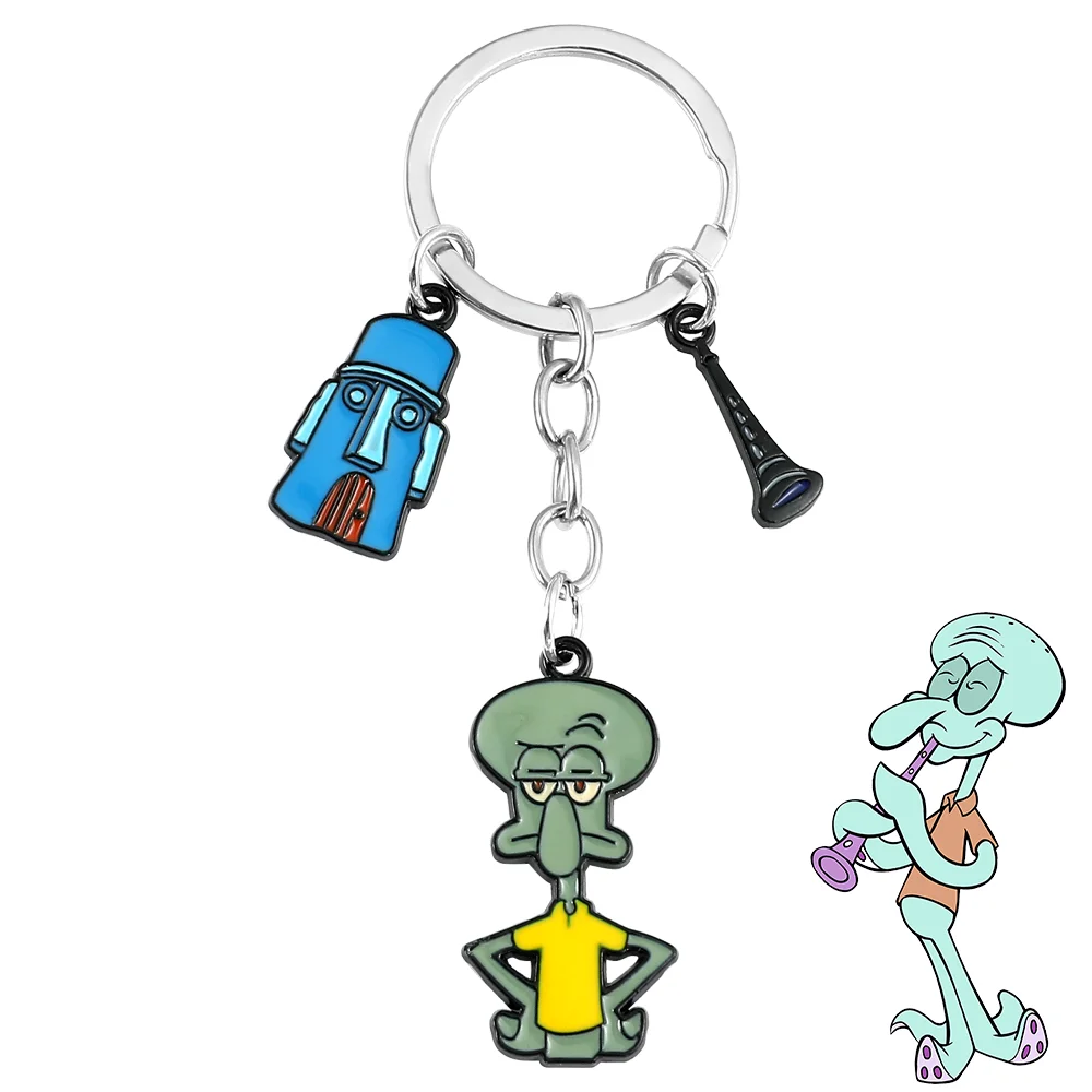 

Cartoon SpongeBob SquarePants Keychain Cute Figure Squidward Tentacles Metal Pendant Keyring Car Backpack Key Holder Accessories