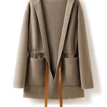 Women Wool Cashmere Hooded Collar Long Cardigan Full Needle Knitted Long Robe Coat Leather Belt Loungewear Overcoat 2023 Winter