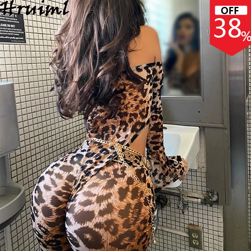 

Sexy Leopard Print 2 Piece Sets Womens Outfits Long Sleeve Slash Neck Hollow Out Bodysuit Long Pencil Pants Set Autumn Club 2020