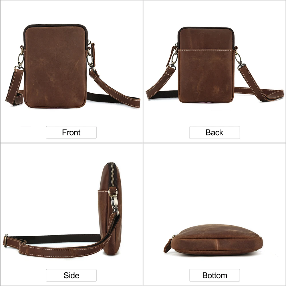 2023 Men's Small Bag Retro Crazy Horse Leather Male Crossbody Shoulder Bag Outdoor Popular Zipper Sling Bag for iPhone14 Pro Max