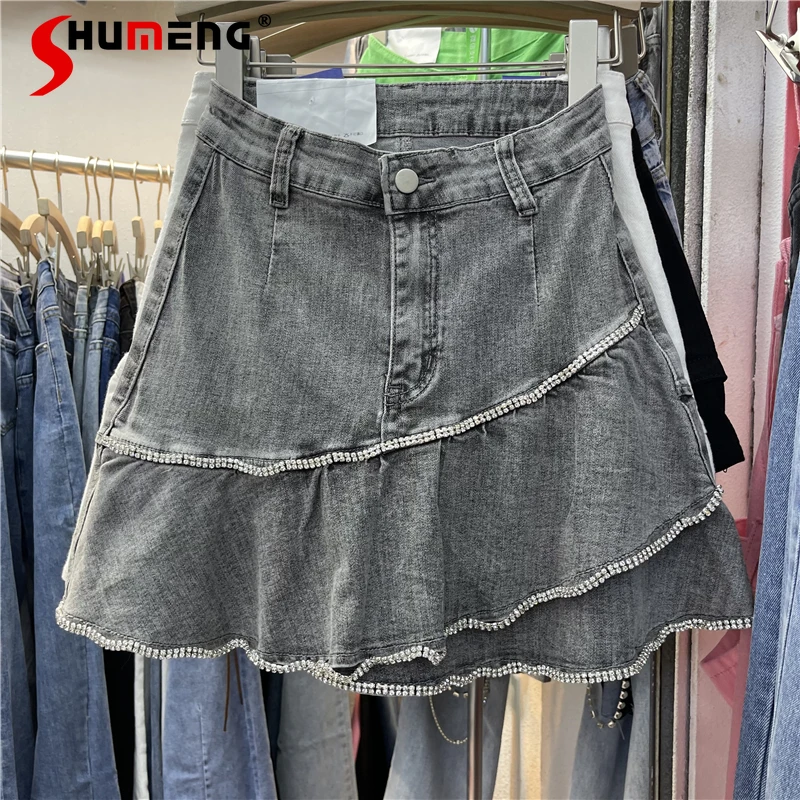 

New Ladies Fashion Exquisite Rhinestone Ruffled Smoky Gray Denim Skirt 2022 Spring Summer Korean Style Streetwear Fishtail Skirt
