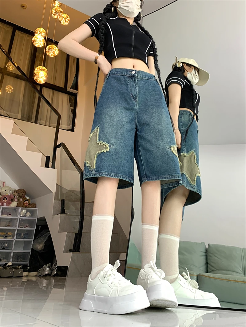 Женские винтажные джинсовые шорты со звездами уличная одежда до колена 2000s Y2k в