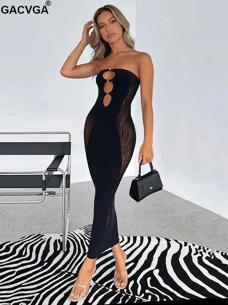 

GACVGA 2022 Summer Mesh Strapless Sexy Bodycon Dress Fashion Women Black Midi Long Club Party Dresses Vestidos
