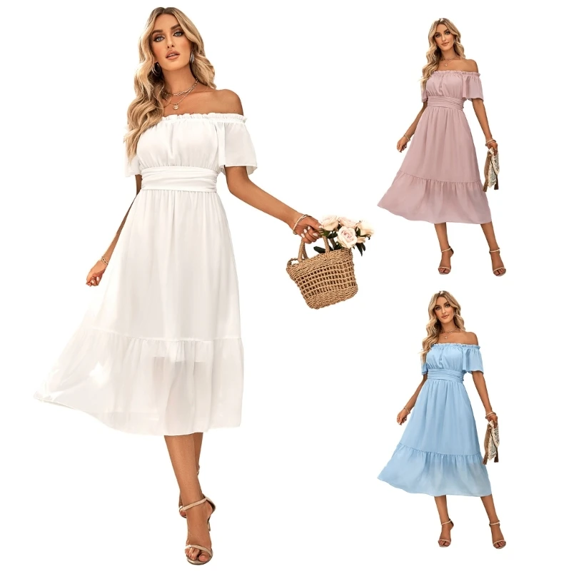 

Female Strapless Short Sleeve Dress Dress Women Beach Calf Skirt for Girl 10CD